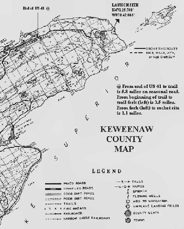 Map of Keweenaw County showing old Rocket Base site